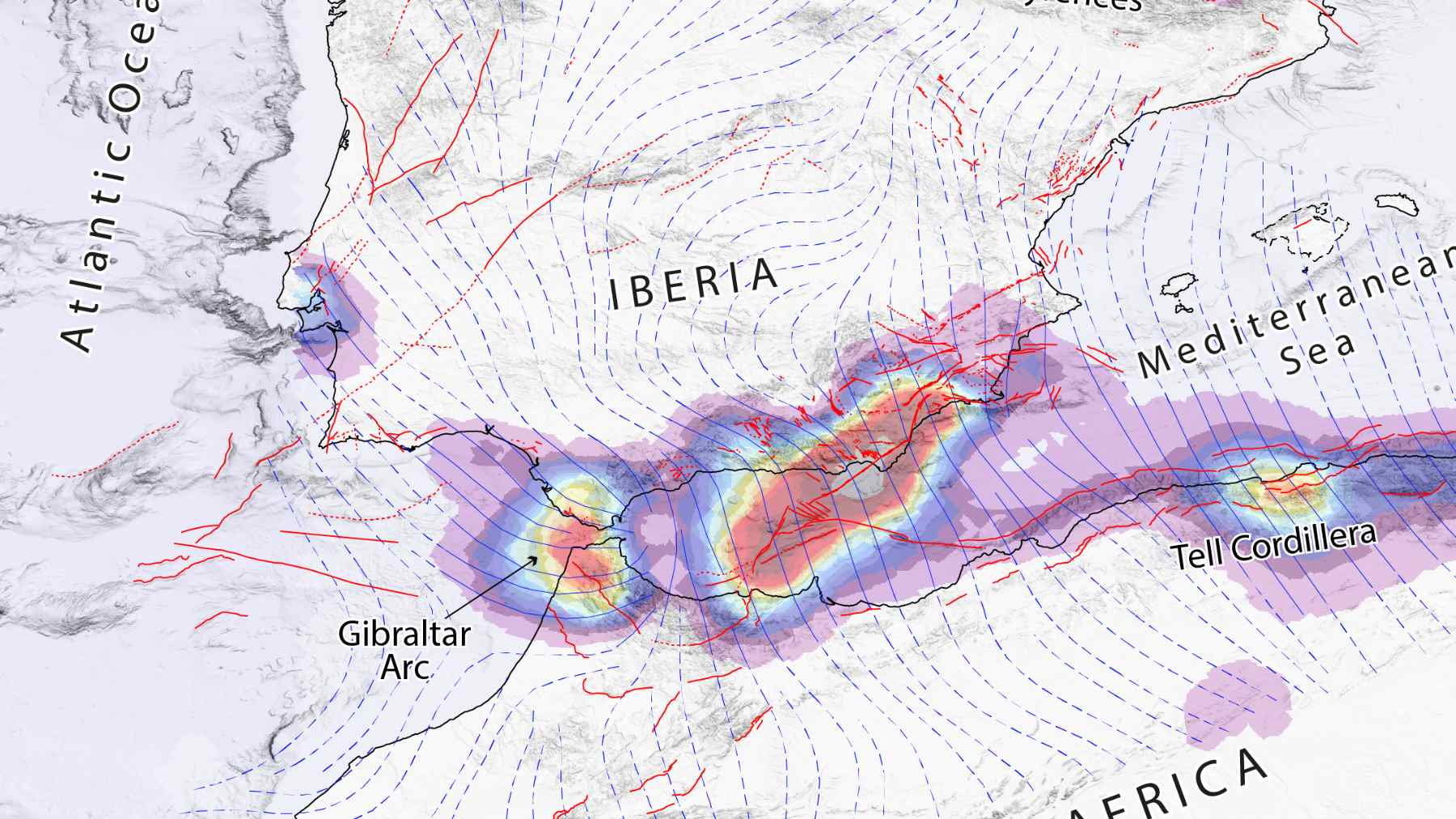 Map showing the clockwise rotation of the Iberian Peninsula caused by tectonic stress between Africa and Eurasia