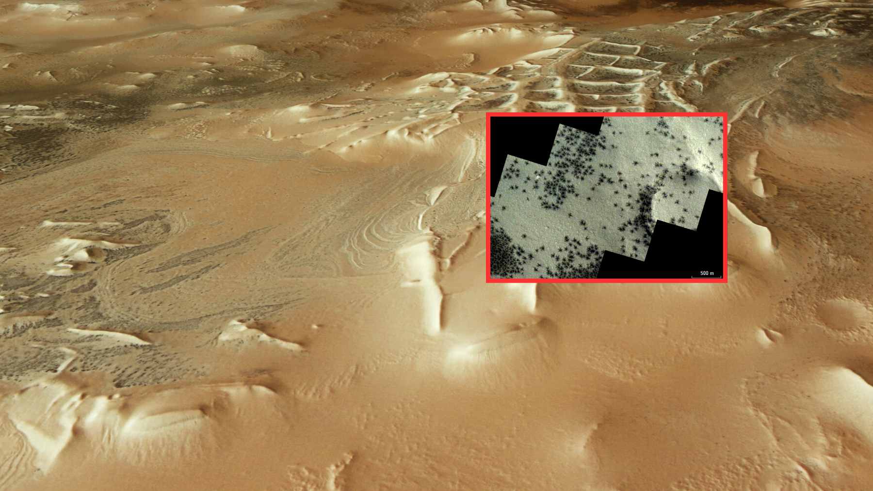 Mars south pole “Inca City” with dark seasonal CO₂-jet spots (“spiders”) appearing on polar terrain, ESA Mars Express view.
