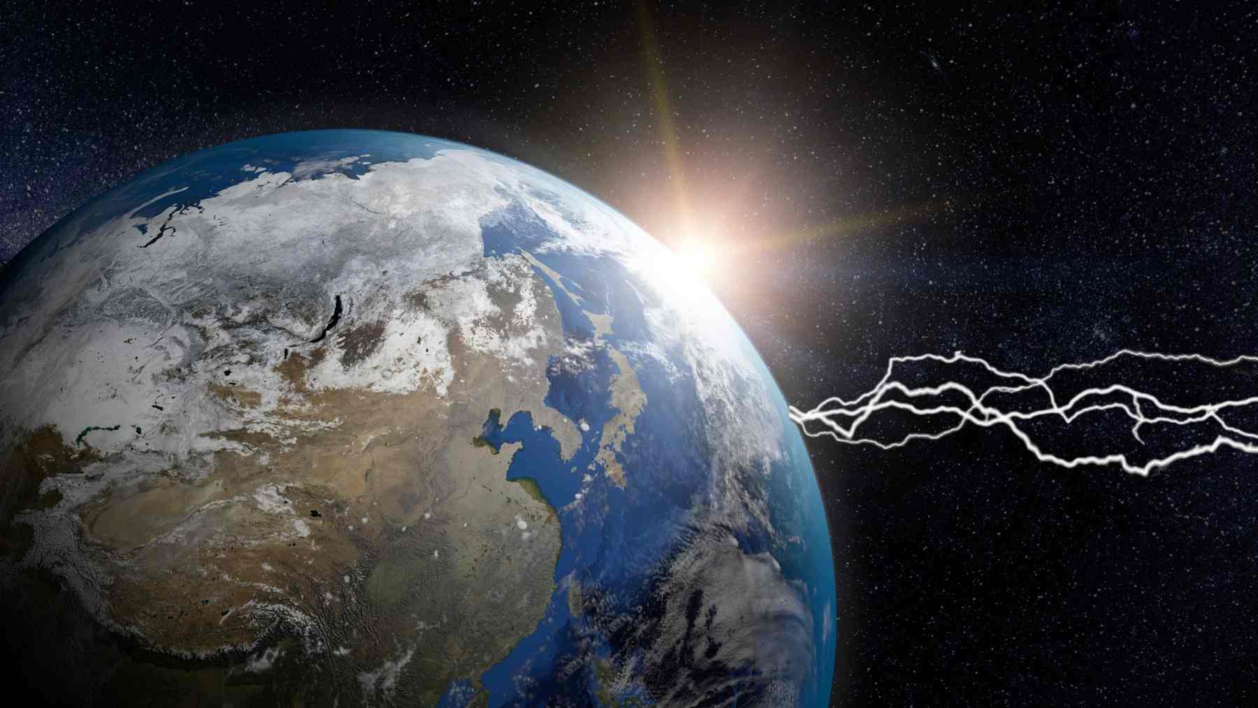 Earth in space with lightning-like energy lines, illustrating a hidden electric field pulling atmospheric particles into space.