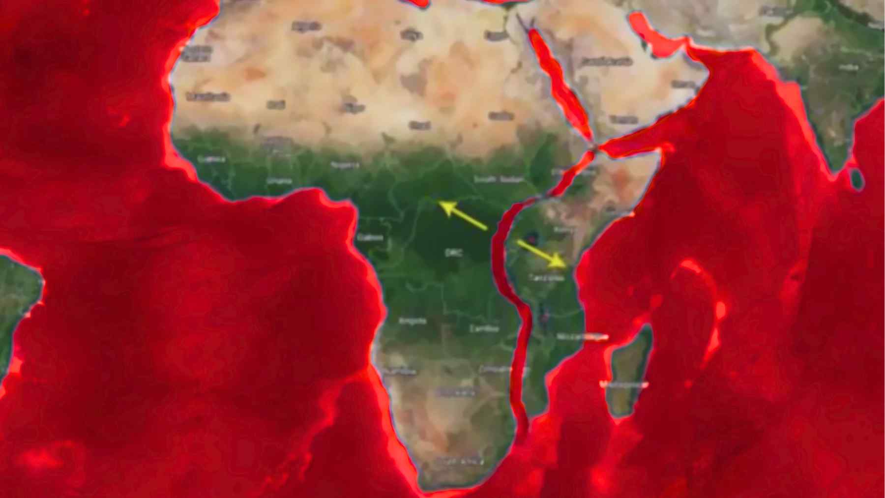 Satellite-style map showing the East African Rift, a long seam splitting Africa between the Nubian and Somali plates.