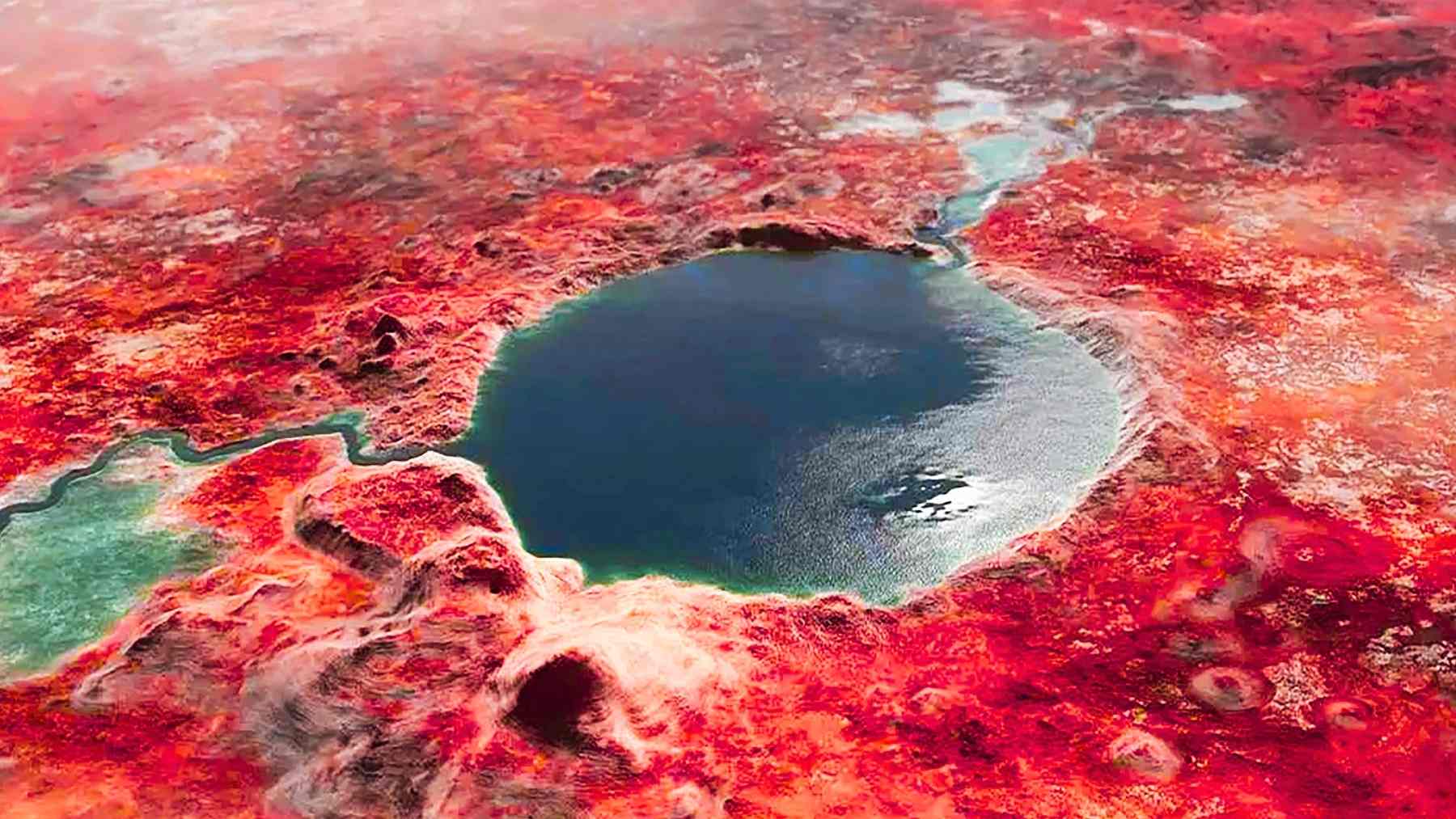 Illustration of a Martian crater lake, representing evidence of ancient liquid water on Mars from wave ripple patterns.