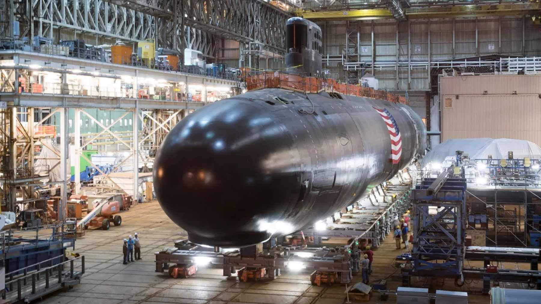 Virginia-class nuclear attack submarine inside a U.S. shipyard, image illustrating the return of the USS Utah name.