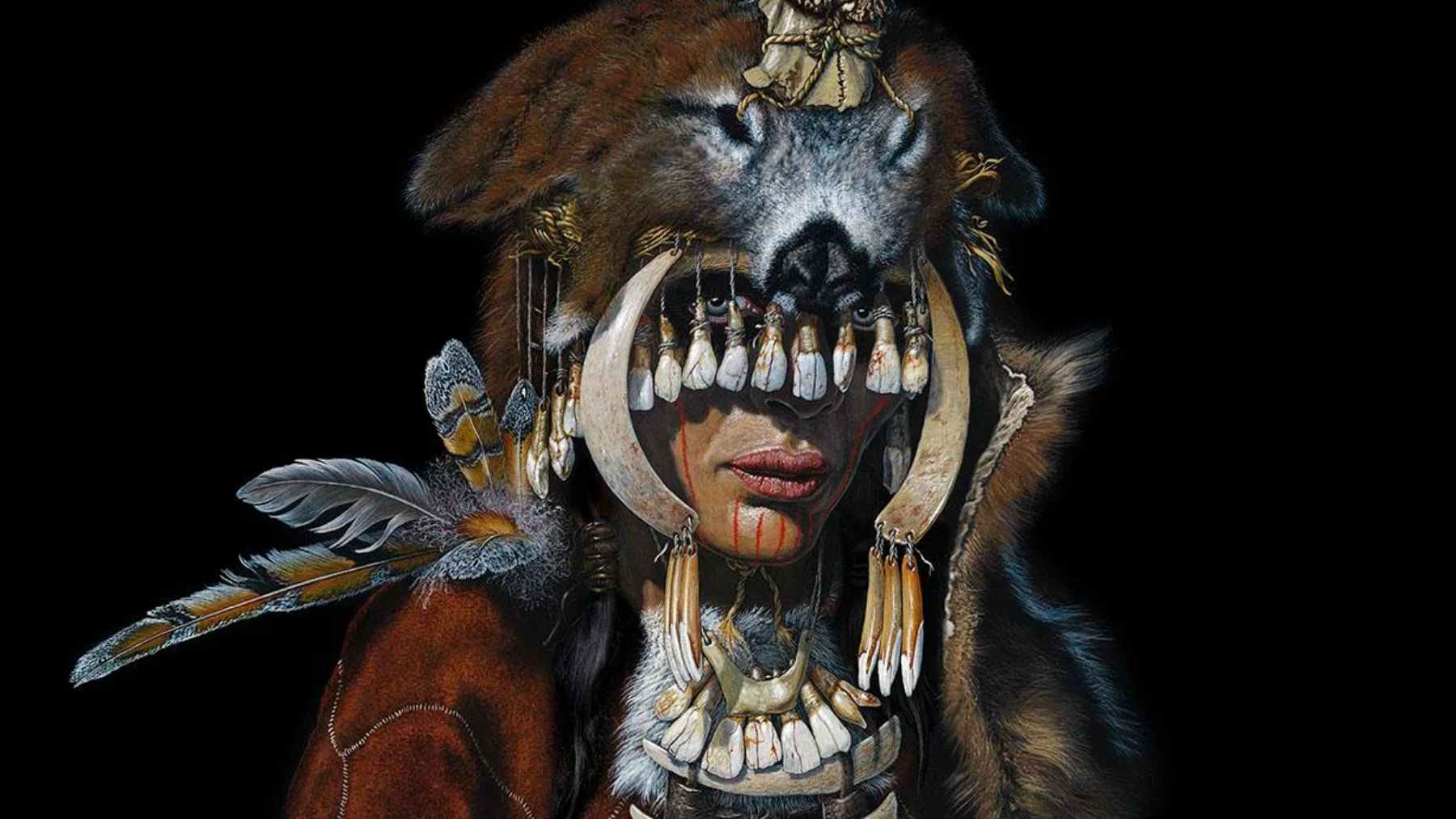 Illustration of the Bad Dürrenberg Mesolithic woman wearing an antler-and-tooth headdress decorated with feathers.