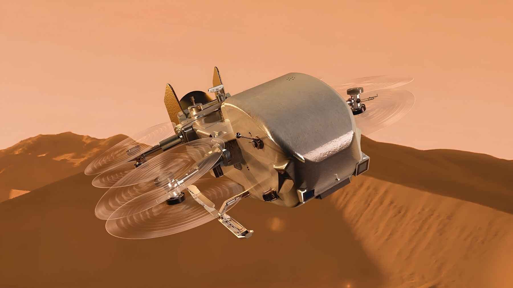 NASA's Dragonfly rotorcraft flying above the surface of Saturn's moon Titan in an artist's concept.