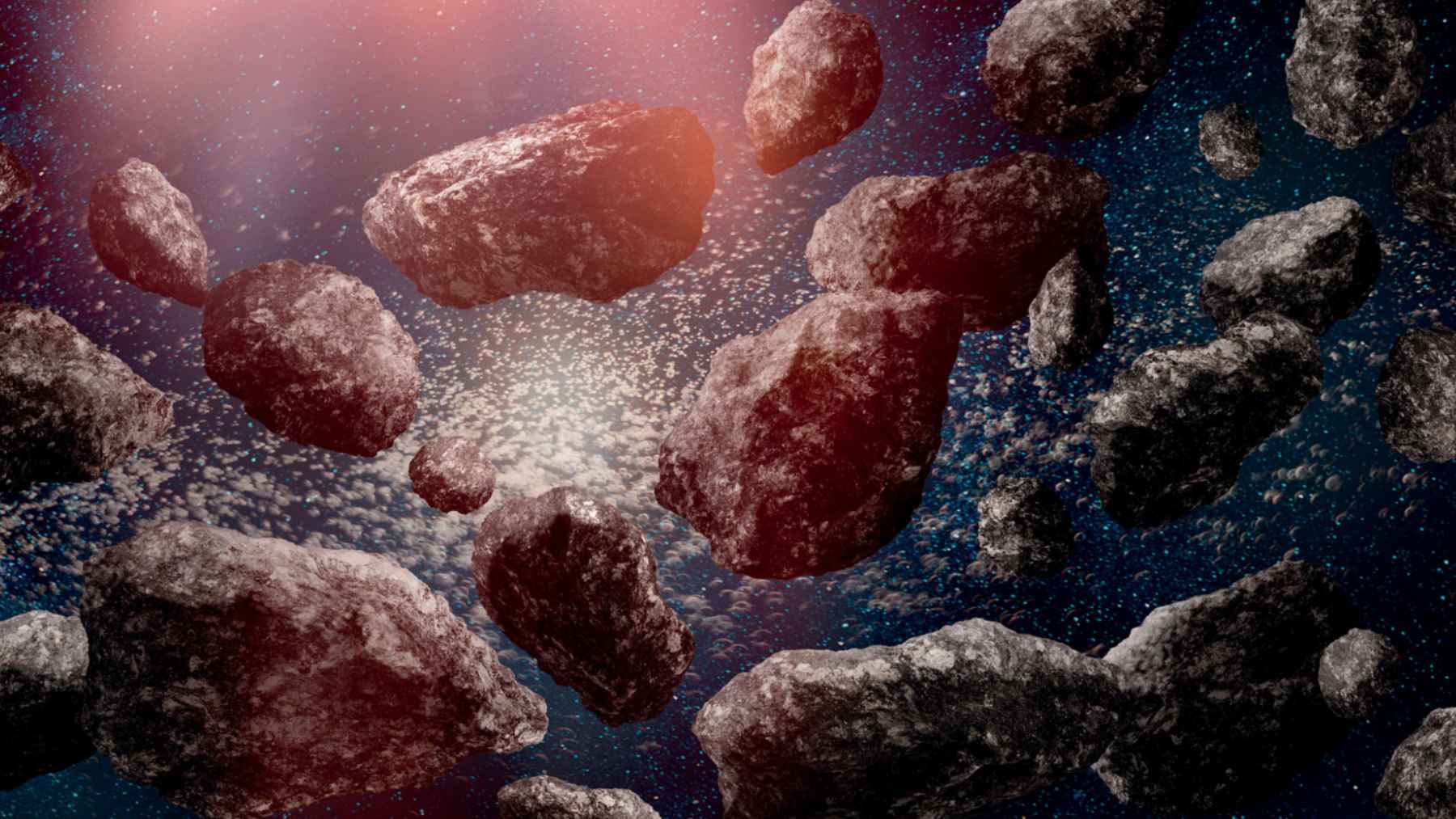 Asteroides flotando en el espacio con fondo estrellado y colores impresionantes.