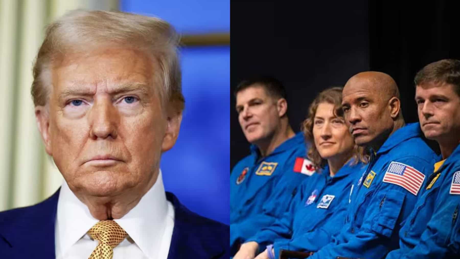 Retrato de Donald Trump junto a un grupo de astronautas en uniforme espacial