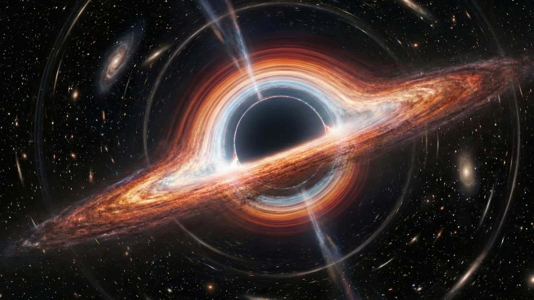Ilustración de un agujero negro con disco de acreción brillante, jets y efecto de lente gravitacional en el espacio