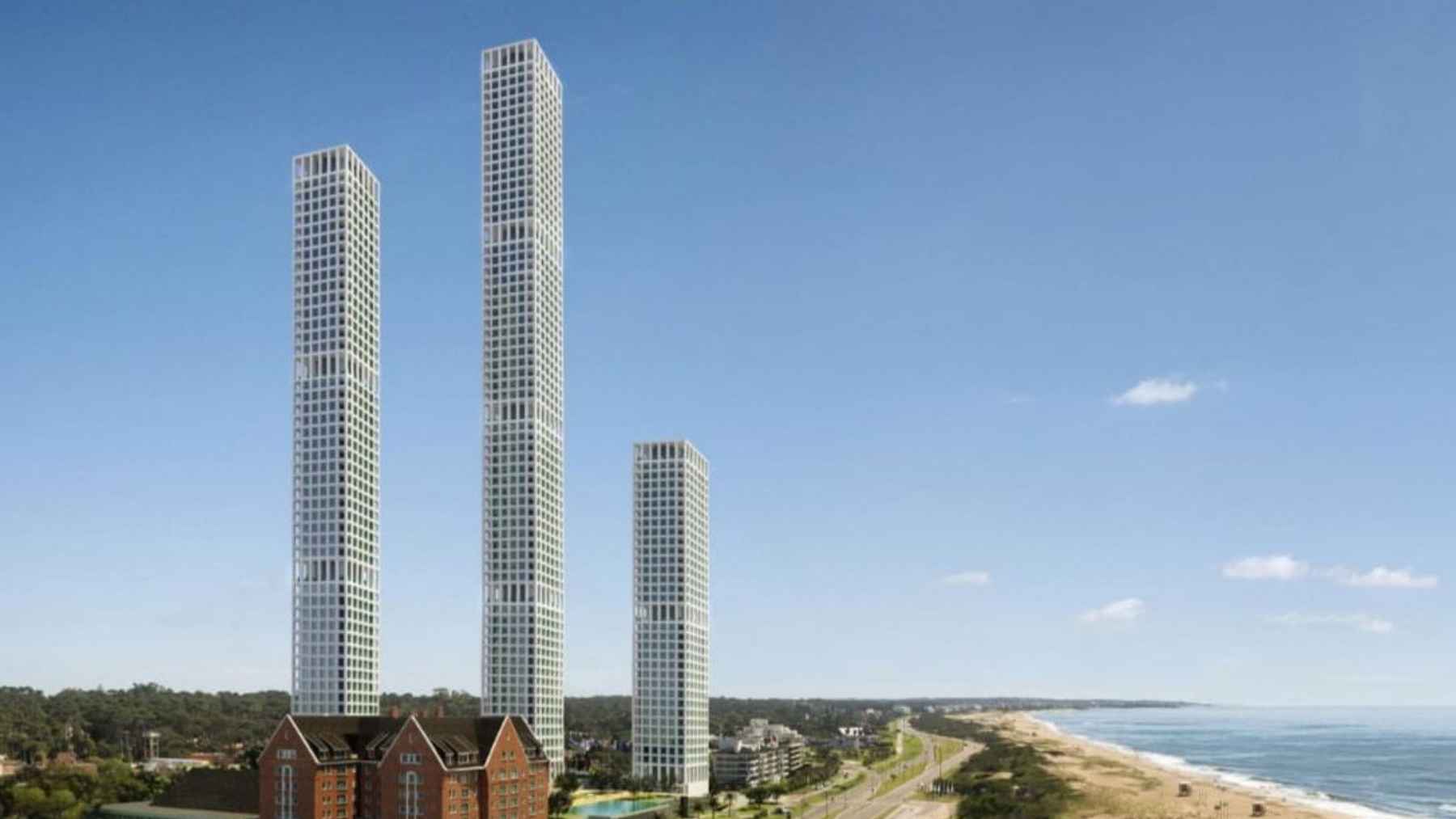 Render de tres torres del Cipriani Resort en Punta del Este junto a la playa y el histórico Hotel San Rafael