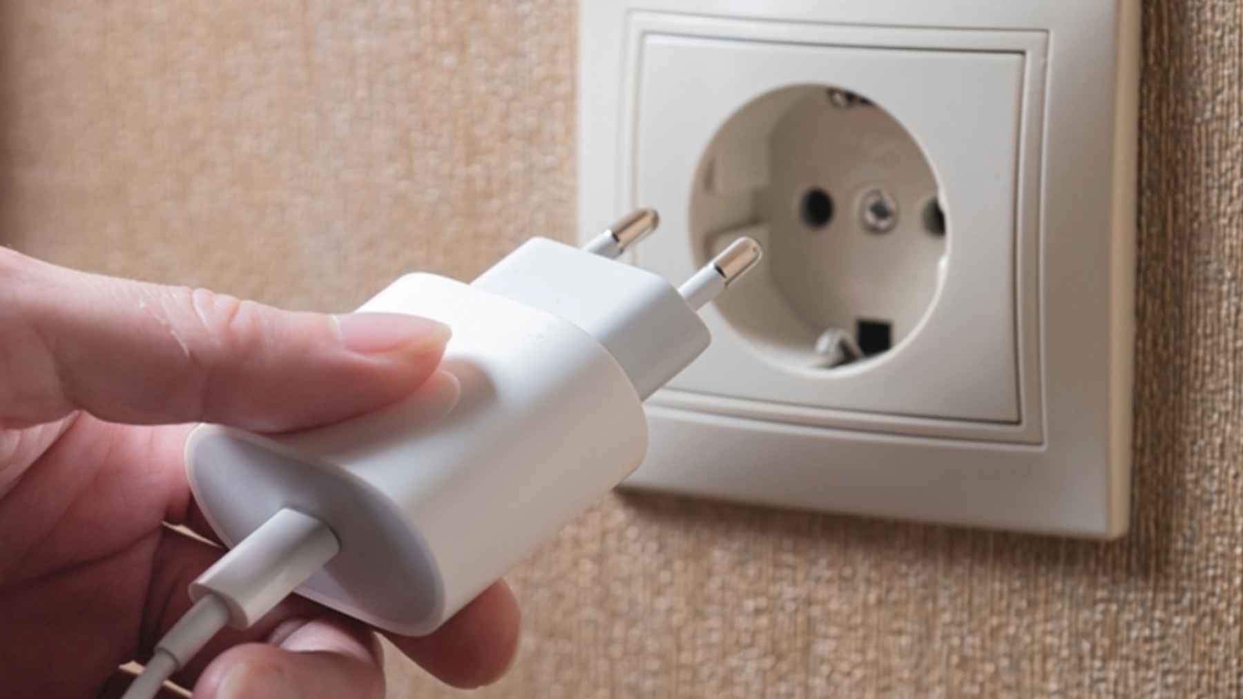 Mano conectando un cargador al enchufe de pared tipo Schuko