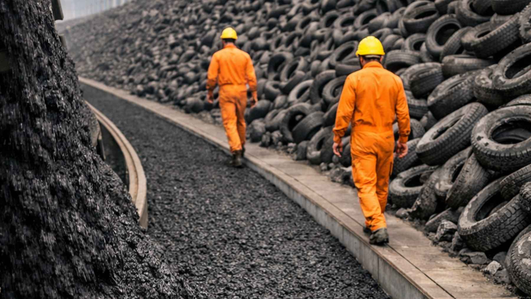 Trabajadores en planta de reciclaje de neumáticos junto a montones de ruedas y caucho triturado para asfalto