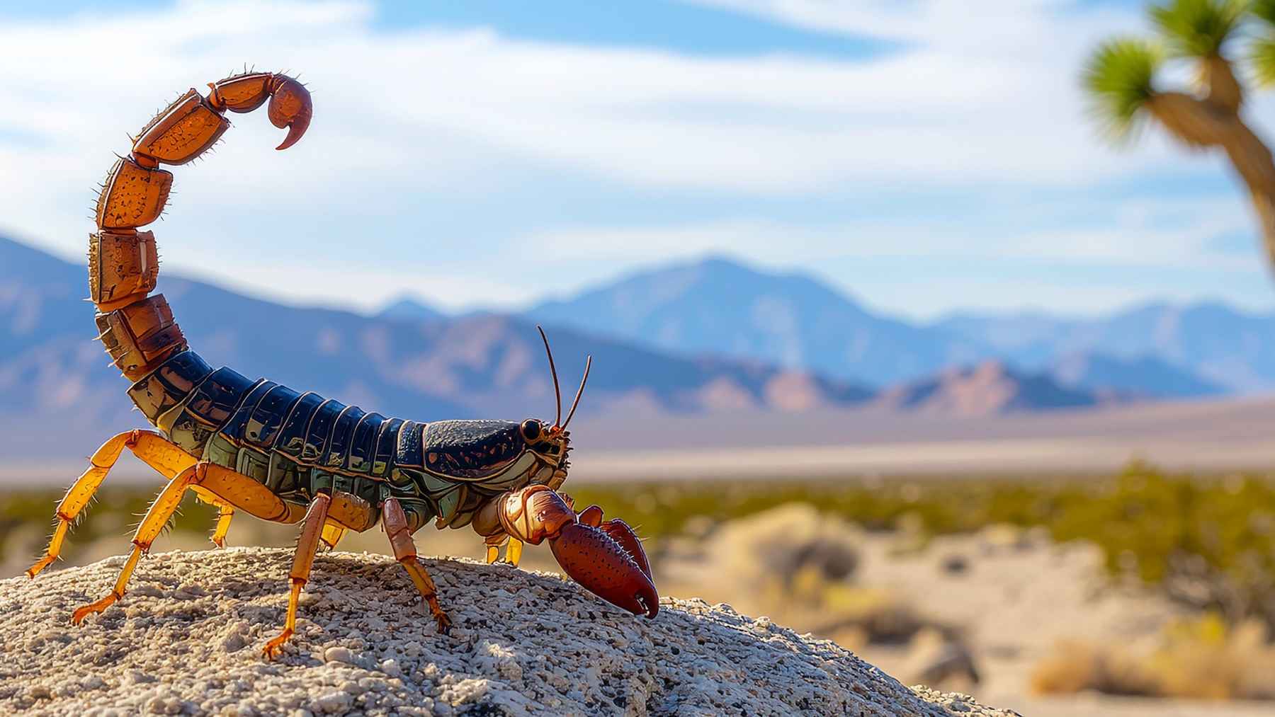 Escorpión sobre una roca con la cola levantada en un paisaje desértico